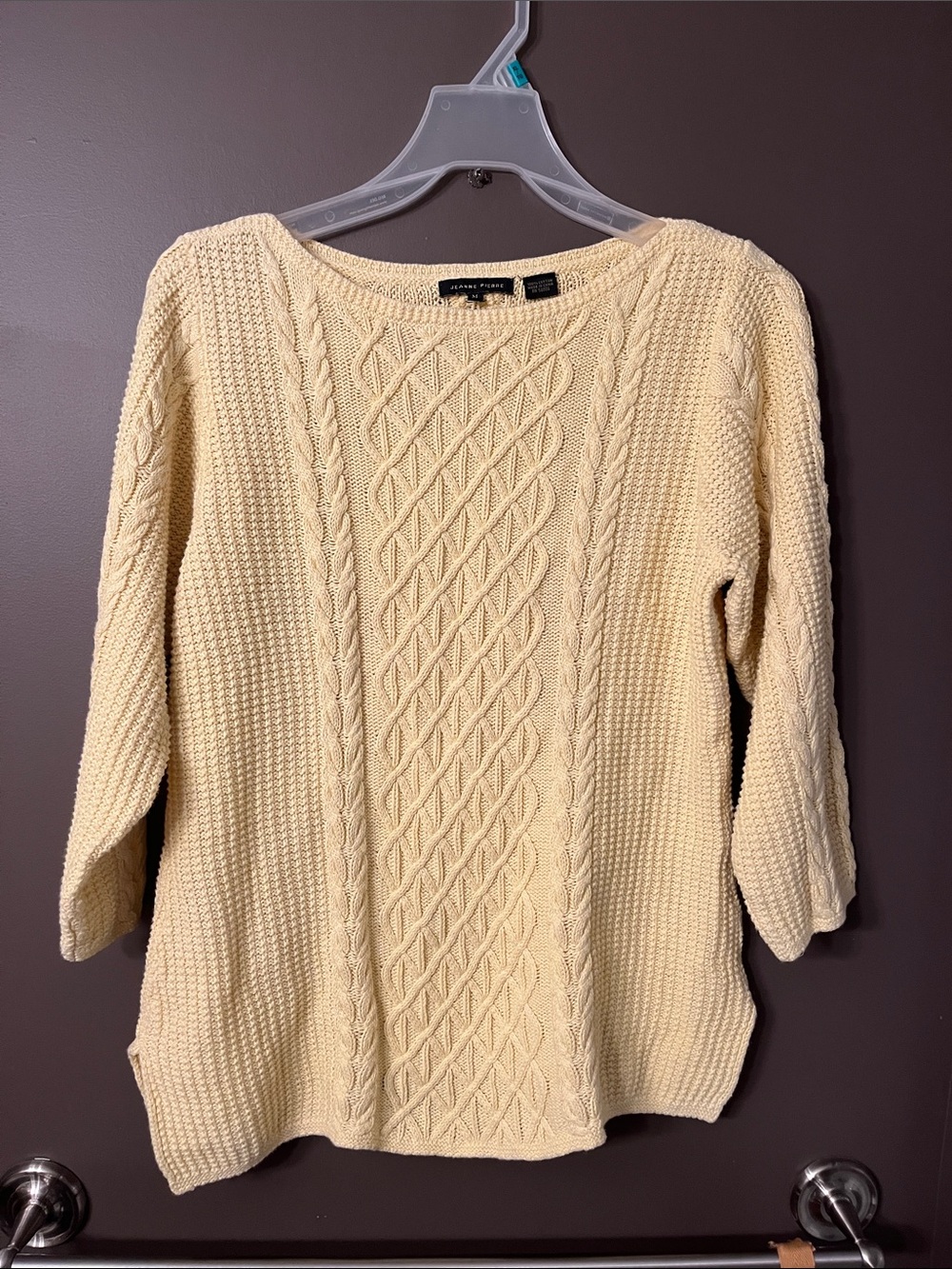 100% cotton. JEANNE PIERRE butter yellow Cable-knit Sweater Ladies Medium, Large